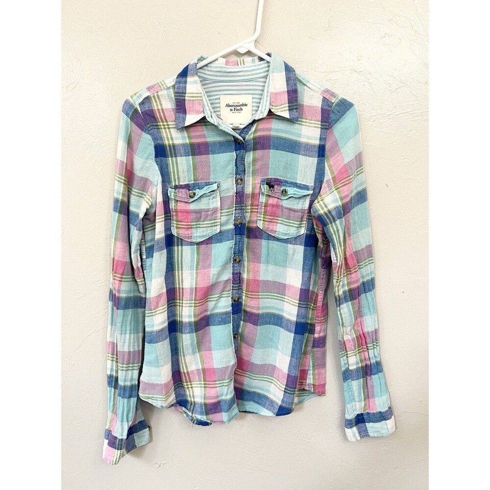 Abercrombie & Fitch Plaid Pink Y2K Linen Blend Button Down Shirt Small Preppy